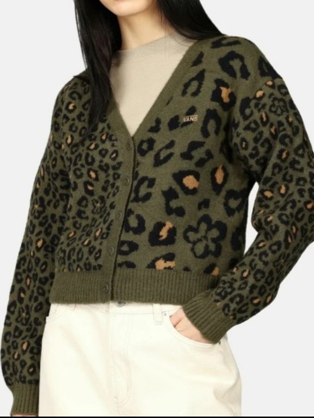 Vans Olive & Black Leopard-Print Button Cardigan Small